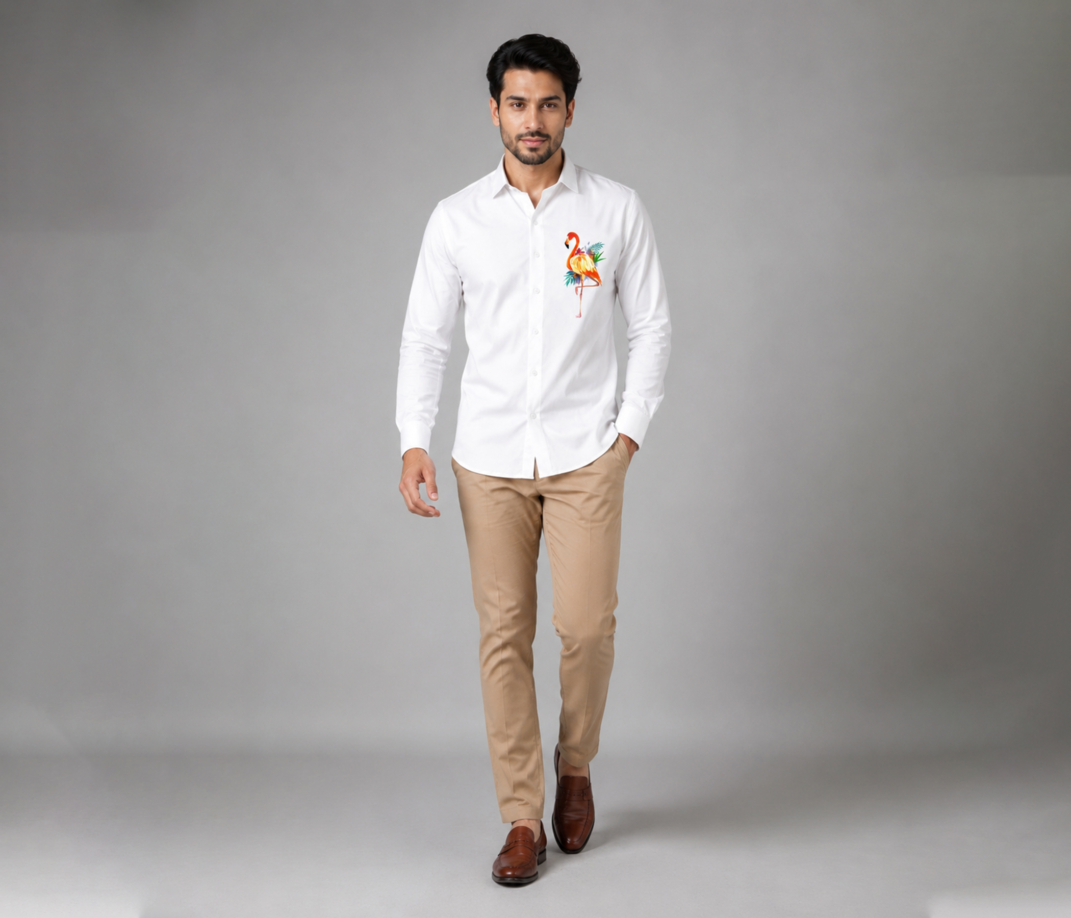 Pure White Hand-Painted Flamingo Shirt for Mens Collection